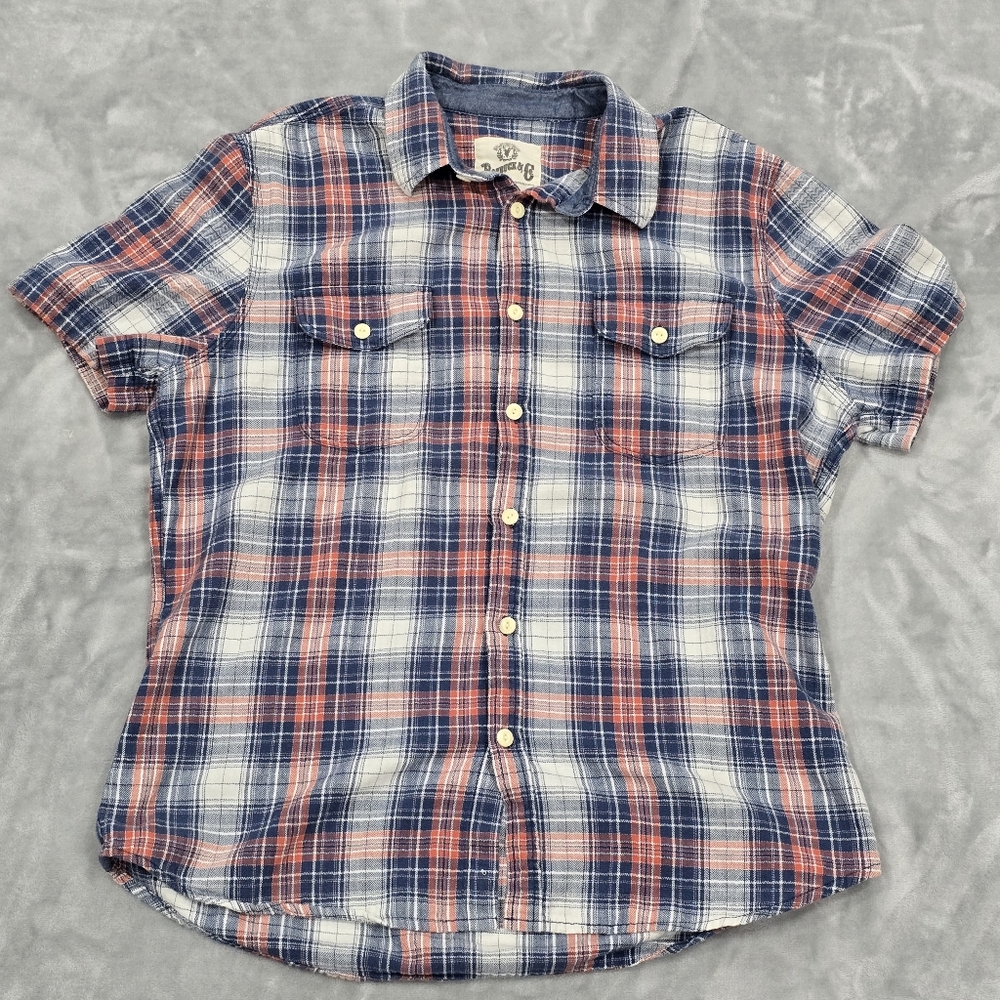Roebuck & Co Shirt Mens Large Blue Red Plaid Casual Short Sleeve Vintage Cowboy